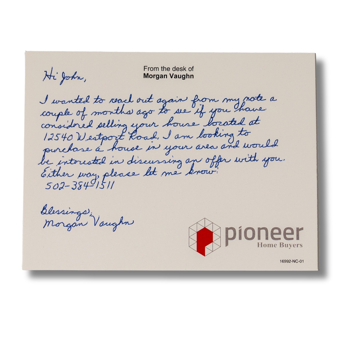 Sample personalized card written with a ballpoint pen